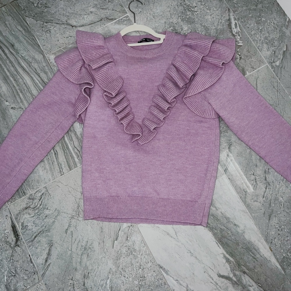 Light purple ruffle sleeve sweater!! Only worn once!!!